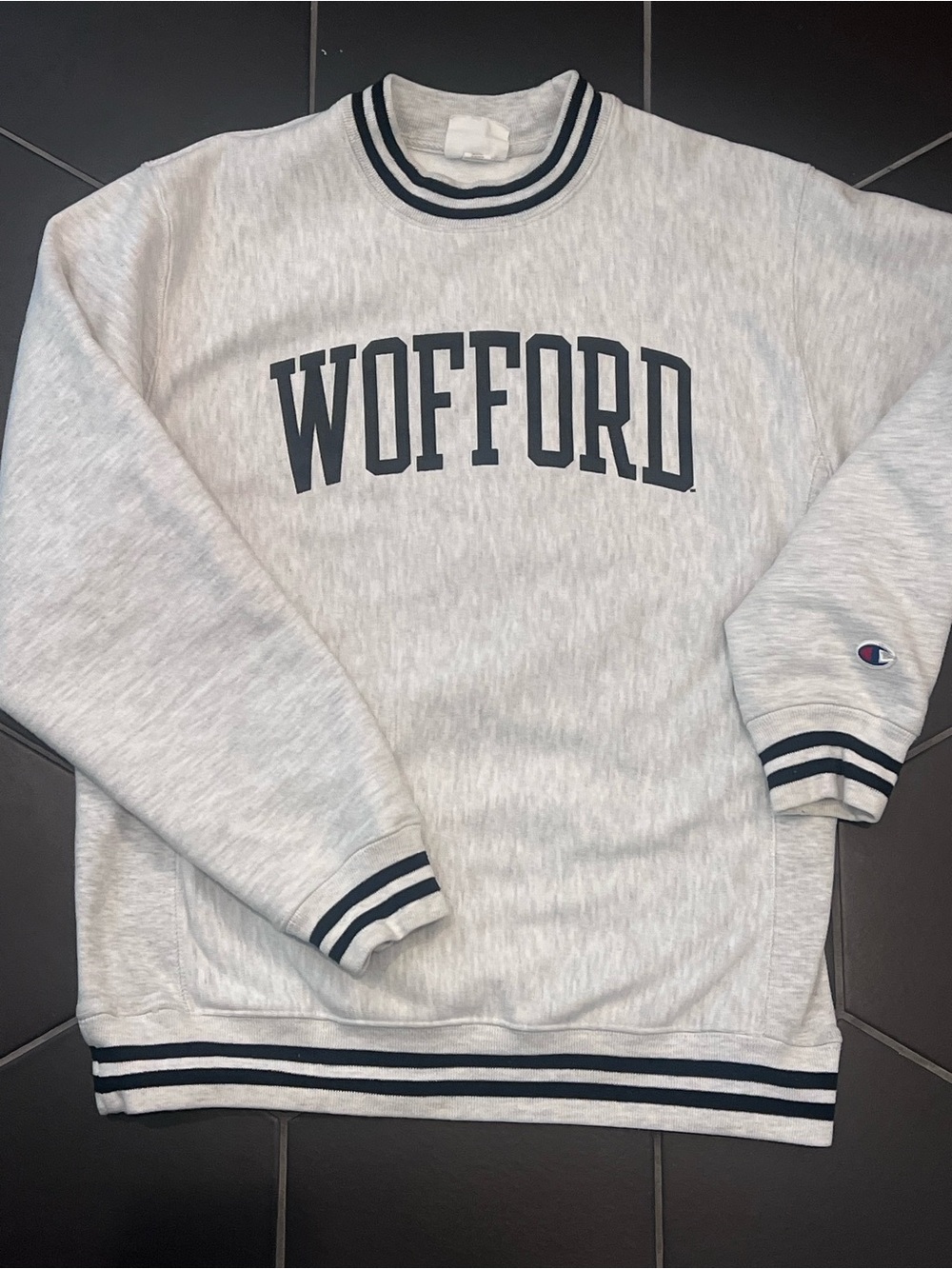 Vintage Champion Grey Crewneck with Black Wofford Lettering  Black Stripe Trim